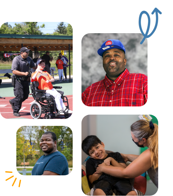 A collage of photos showcasing employees and people being helped